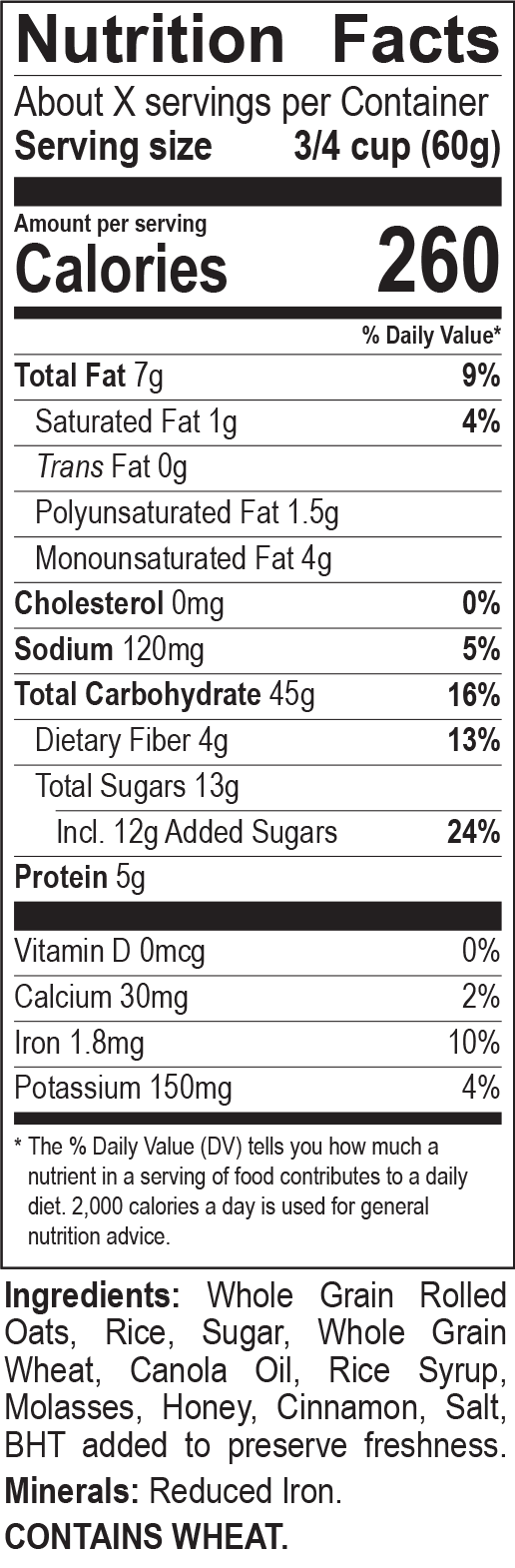 Malt-O-Meal Cinnamon Granola nutrition facts panel